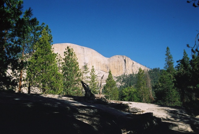 Backside of Half Dome.  We'll be climbing up from the Right.  Steps up the first grade, down into the Saddle, then the cables up the second grad to the summit